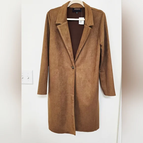 Ambiance Women's Tan Ultra Suede Single Button Trench Coat Size S - Picture 3 of 12